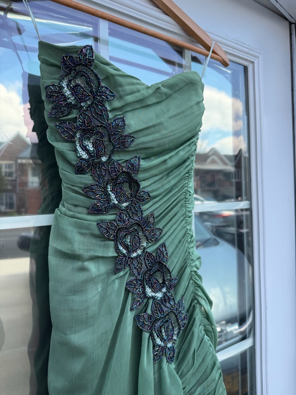 Green Ruched Corseted Fairy Dress with Beaded Floral Appliqué